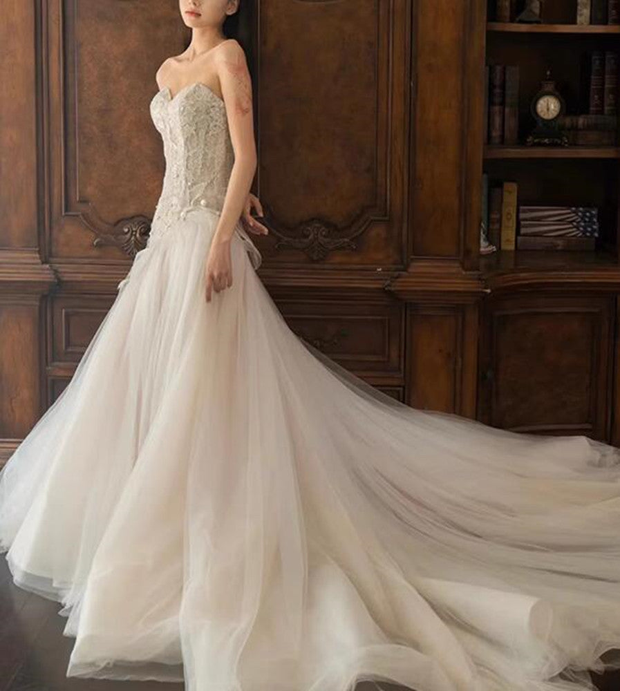 Women Mermaid Tulle Wedding Dresses Long Appliques Bridal Gowns YWD056