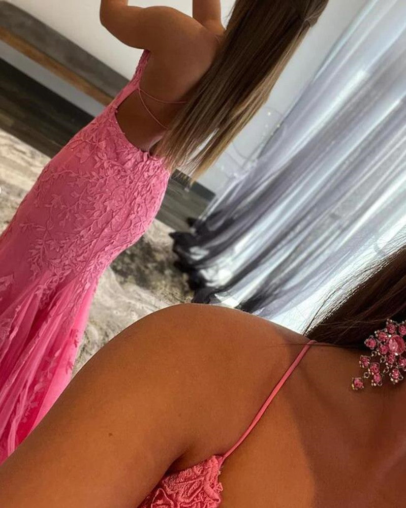 Women Tulle Appliques Prom Dresses Long Hot Pink Evening Gowns Formal Party Dress YPD415