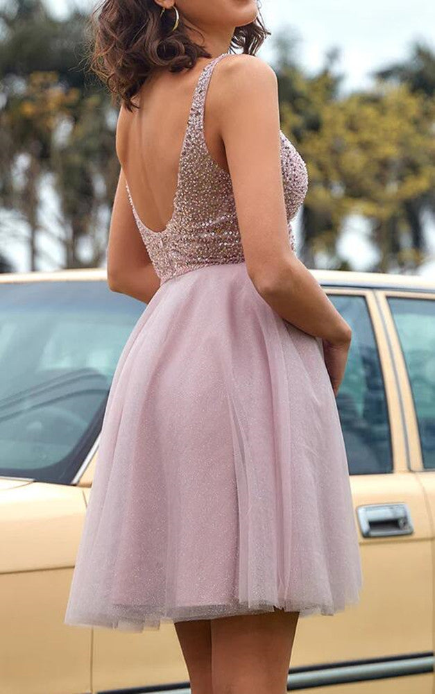 Women Beads Prom Dresses Short Cocktail Gowns Girls V-Neck Homecoming Dresses Short Graduation Dress YHD248