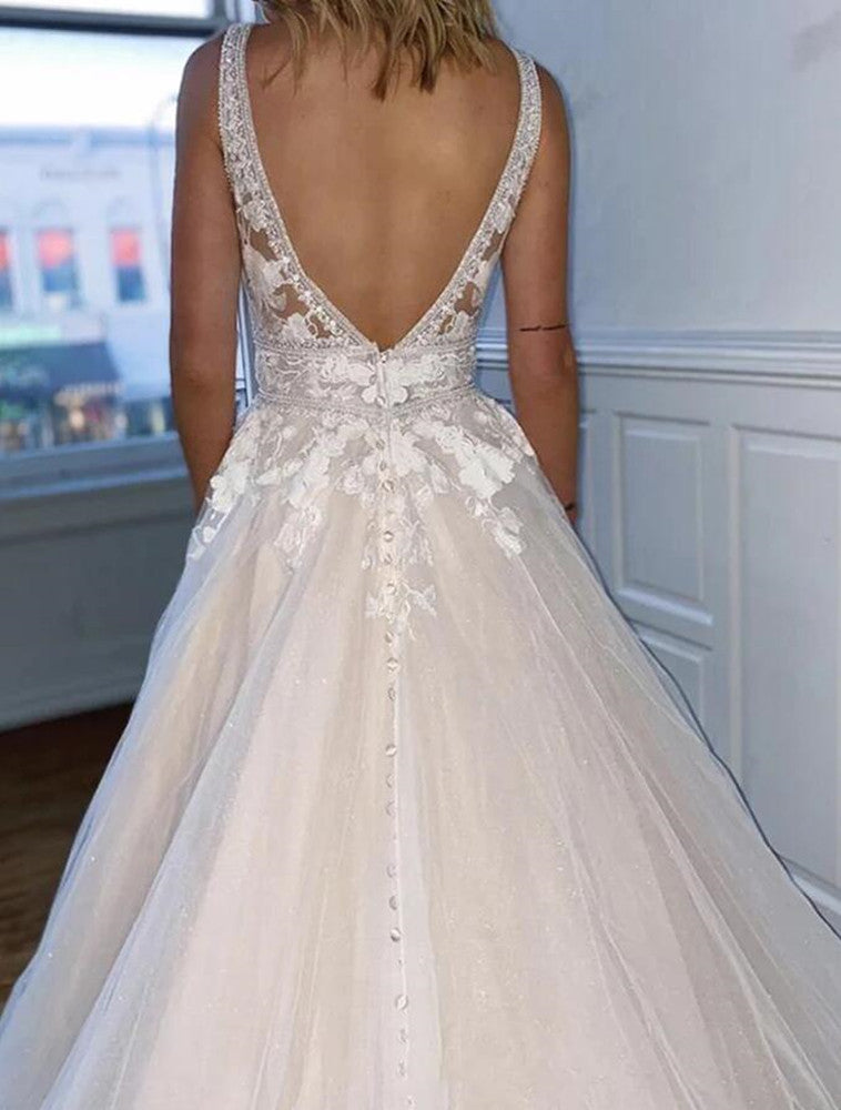 Women Lace Appliques Wedding Dresses Long V-Neck Bridal Gowns YWD097