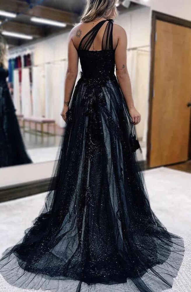 Women Side Slit Prom Dresses Long Black Appliques Evening Gowns Formal Party Dress YPD330