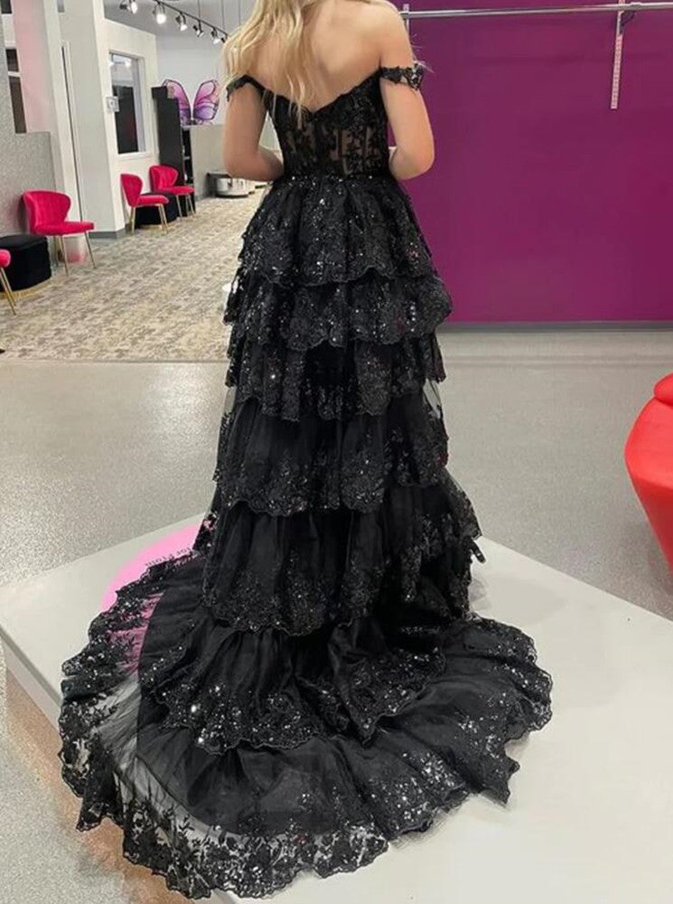 Women Black Appliques Prom Dresses Long High Side Slit Evening Gowns Formal Party Dress YPD388