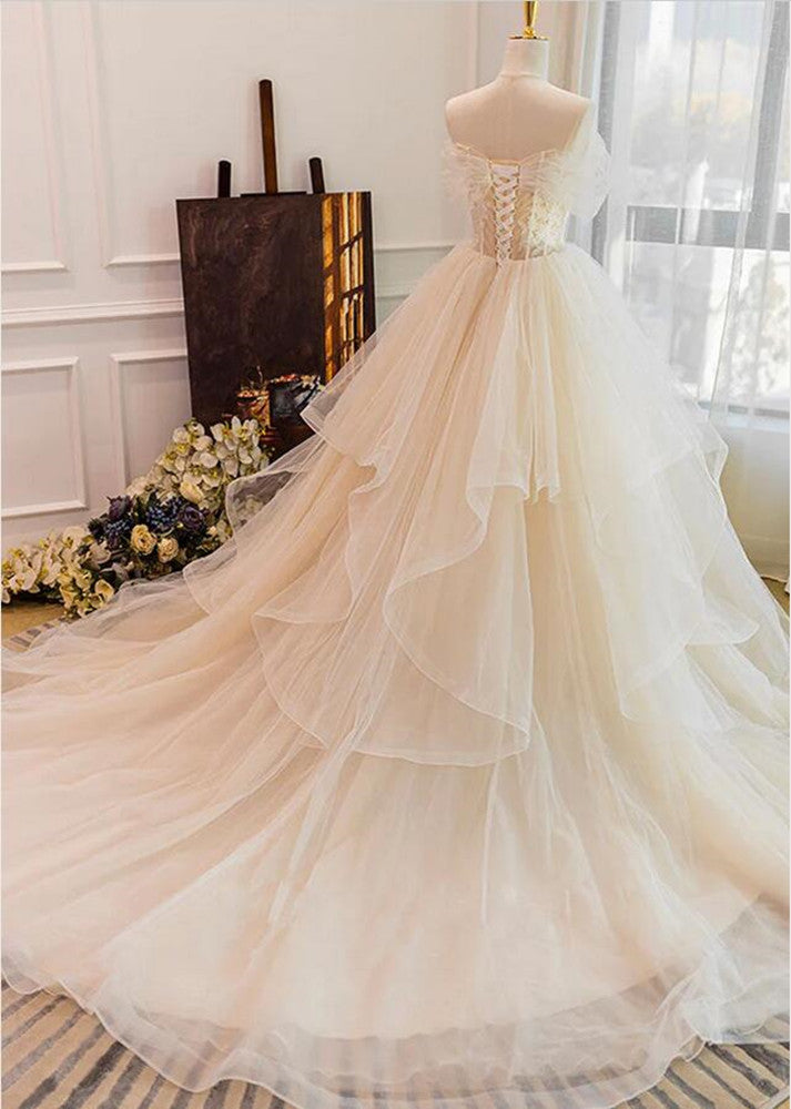 Women Tulle Appliques Wedding Dresses Long Sweetheart A-Line Bridal Gowns YWD077