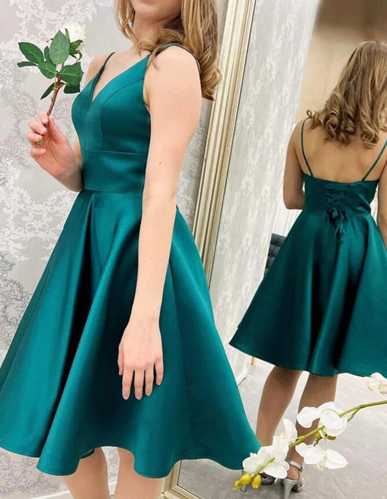 Women Satin Prom Dresses Short Cocktail Gowns Girls V-Neck Homecoming Dresses Short Graduation Dress YHD249