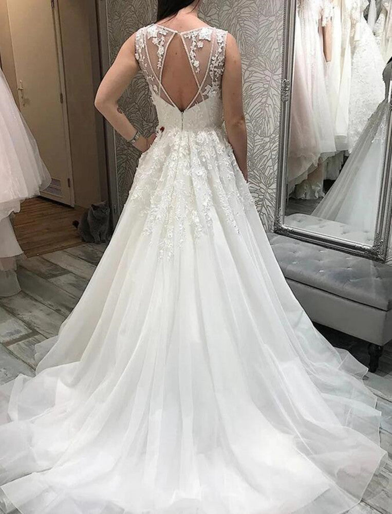 Women Lace Appliques Wedding Dresses Long V-Neck Bridal Gowns YWD090