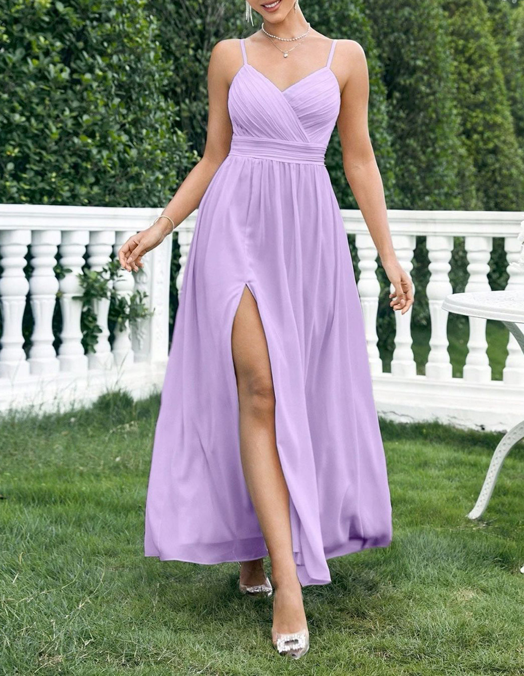 Women Slit Chiffon Bridesmaid Dresses Long V-Neck Wedding Party Gowns YBD067