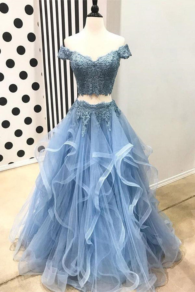 Women Blue 2 Pieces Prom Dresses Long Appliques Evening Gowns Formal Party Dress YPD336
