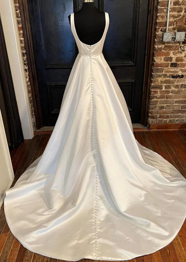 Women Simple Satin Wedding Dresses Long A-Line Bridal Gowns YWD075