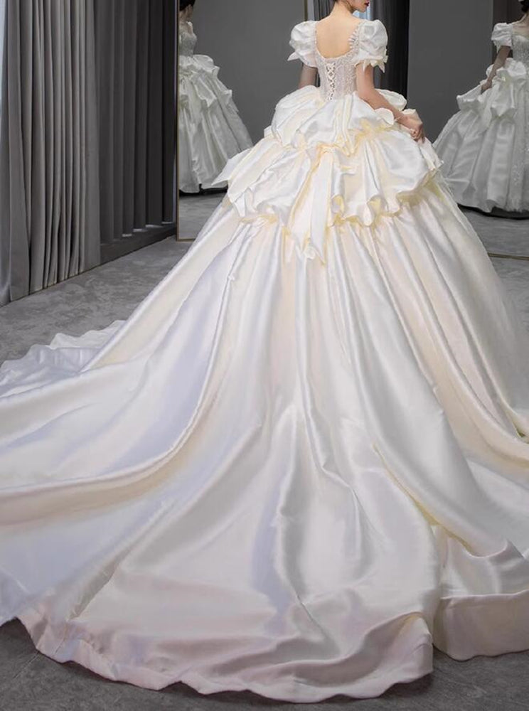 Women Satin Beadings Wedding Dresses Long Appliques Bridal Gowns YWD044