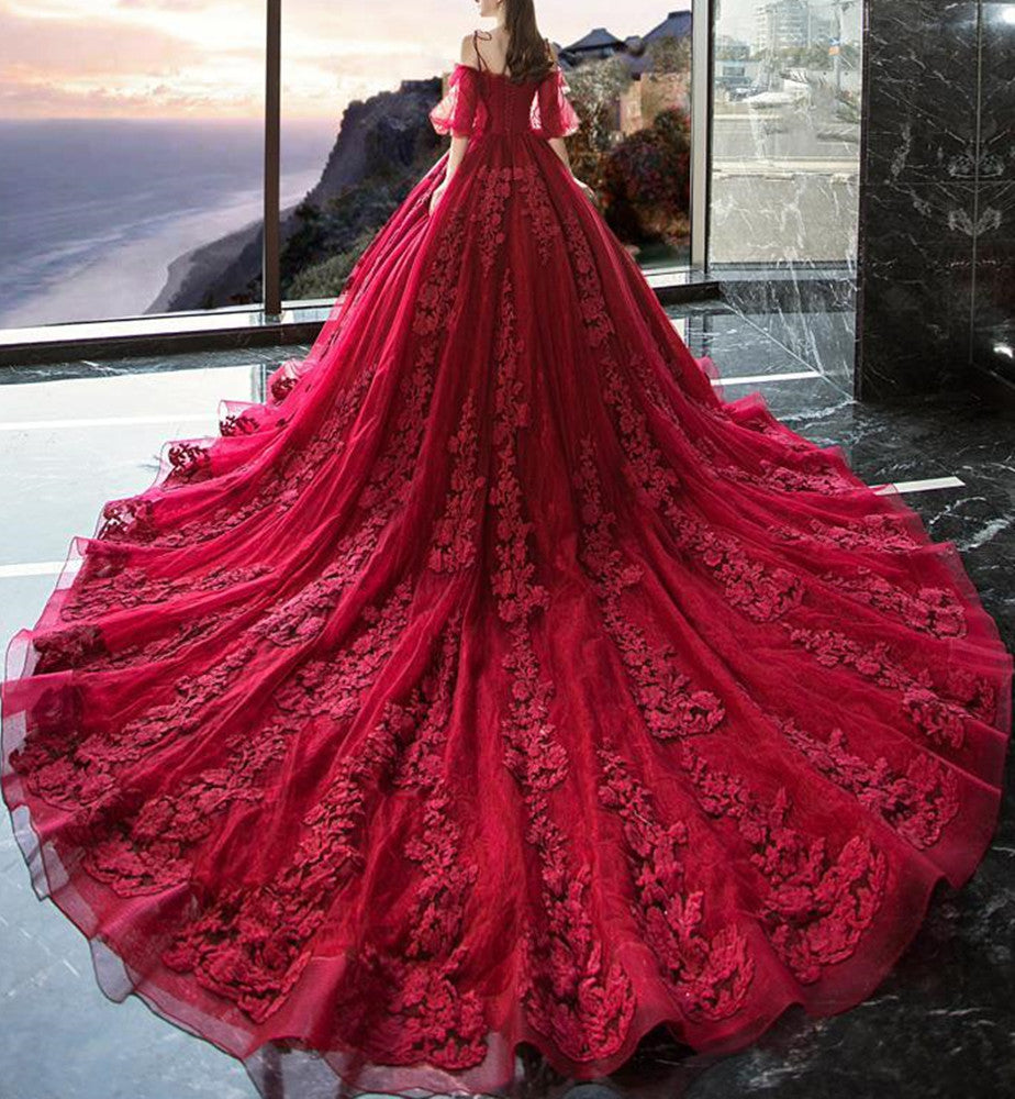 Women Tulle Appliques Wedding Dresses Sweetheart Long Princess Bridal Gowns YWD066