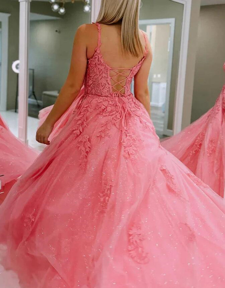 Women Lovely Pink Prom Dresses Long Appliques Evening Gowns Formal Party Dress YPD386