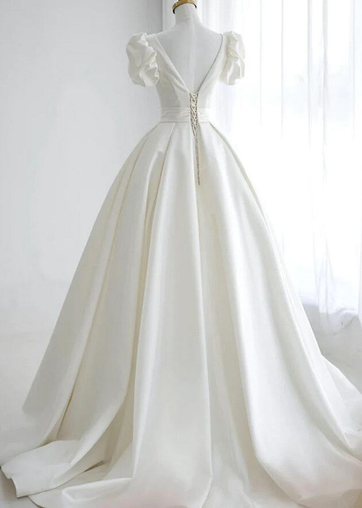 Women V-Neck A-Line Wedding Dresses Long Satin Bridal Gowns YWD073