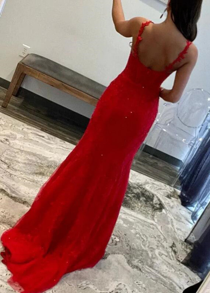 Women Red Appliques Prom Dresses Long Mermaid Evening Gowns Formal Party Dress YPD384