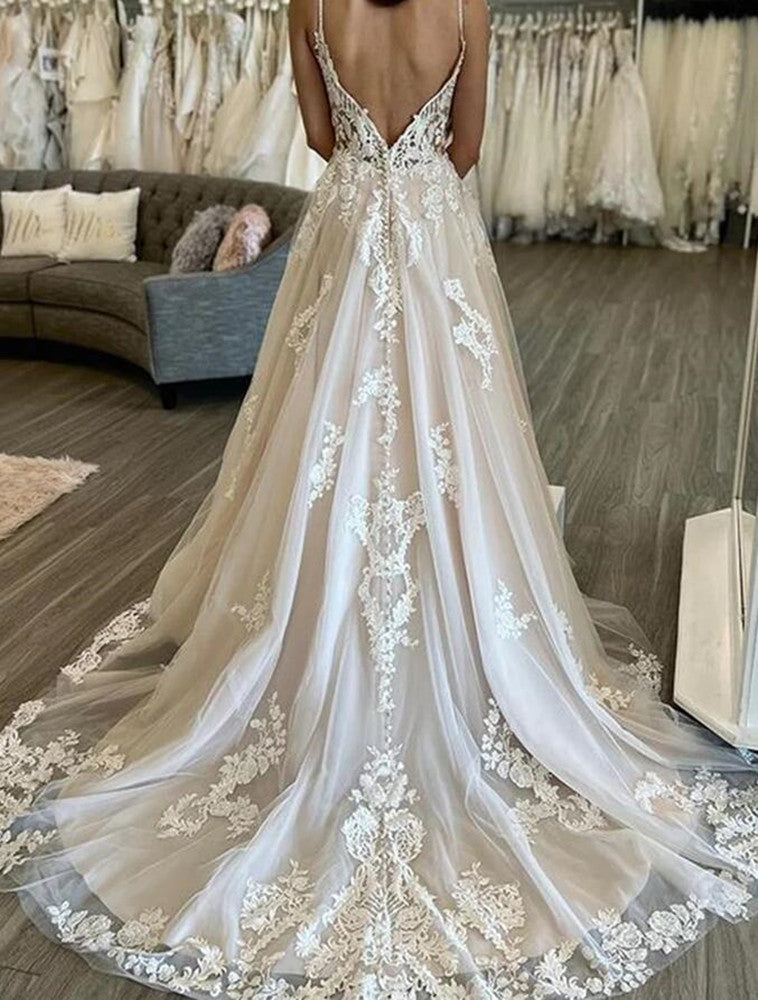 Women Lace Appliques Wedding Dresses Long V-Neck Bridal Gowns YWD082