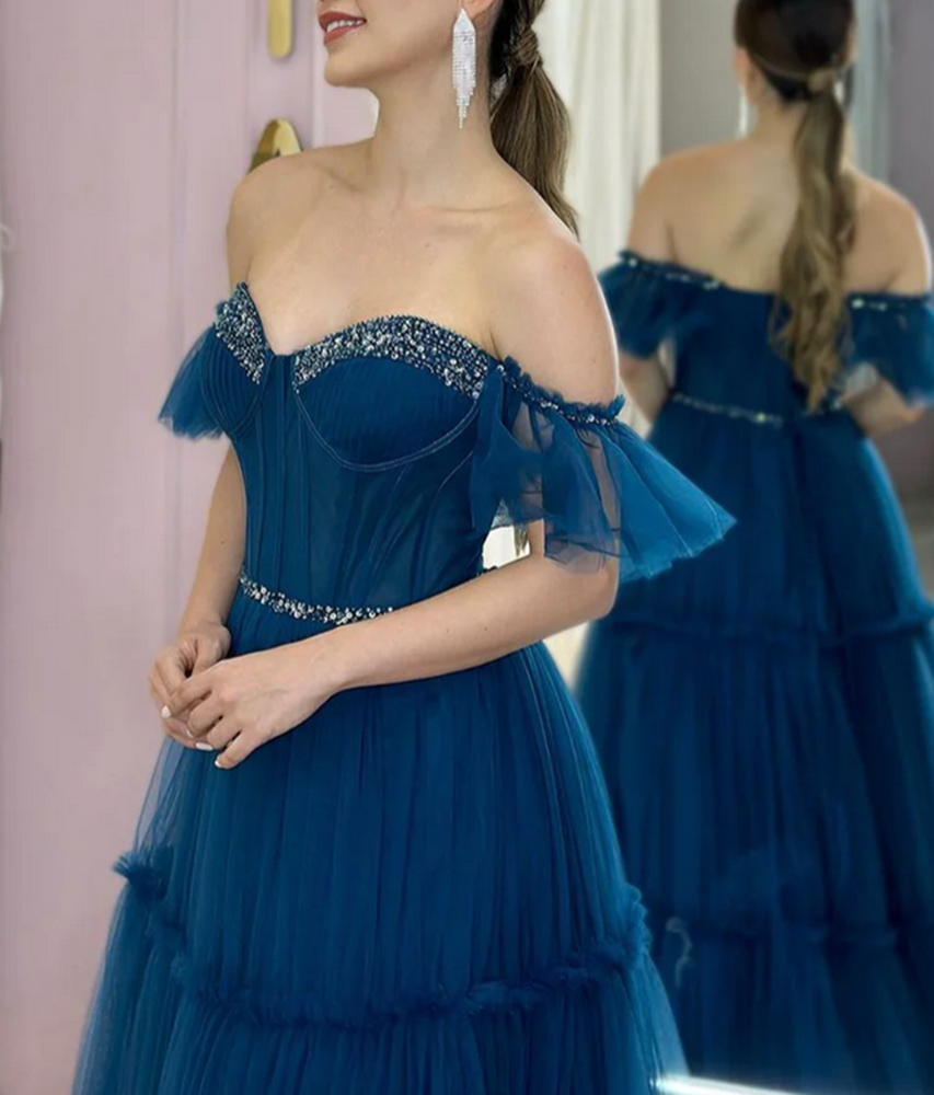 Women Tulle Beaded Prom Dresses Long A-Line Strapless Evening Party Dress YPD006