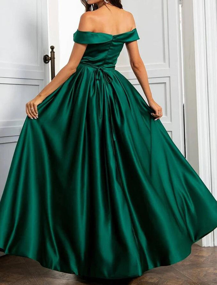 Women Off Shoulder Satin Prom Dresses Long Green A-Line Evening Gowns Formal Party Dress YPD406