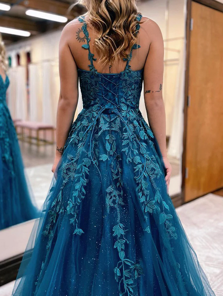 Women V-neck Lace Prom Dresses Long Appliques Evening Party Dress YPD013