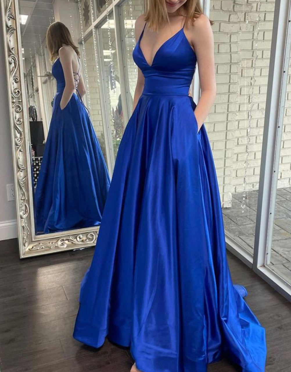 Women Satin Prom Dresses Long V-Neck Evening Gowns Sleeveless Formal Party Dress YPD907