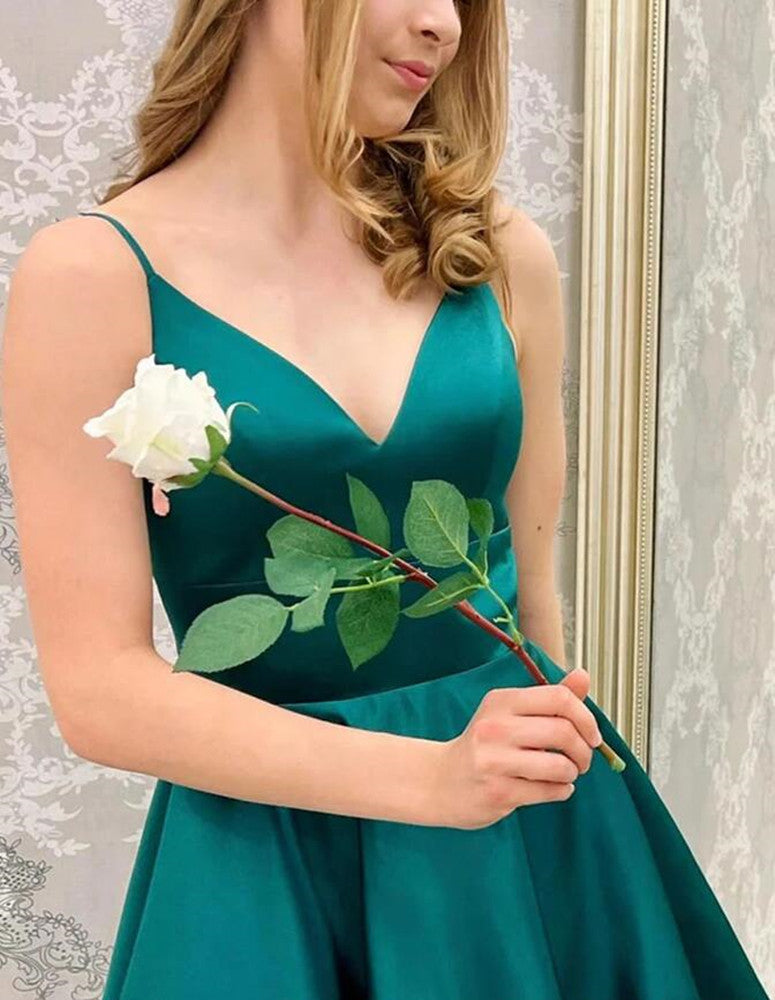 Women Simple Satin Prom Dresses Short Cocktail Gowns Girls V-Neck Homecoming Dresses Short Graduation Dress YHD298
