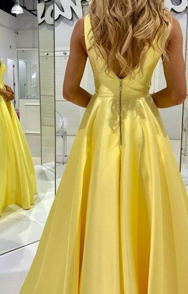 Women V-Neck Satin Prom Dresses Long A-Line Evening Gowns Formal Party Dress YPD380