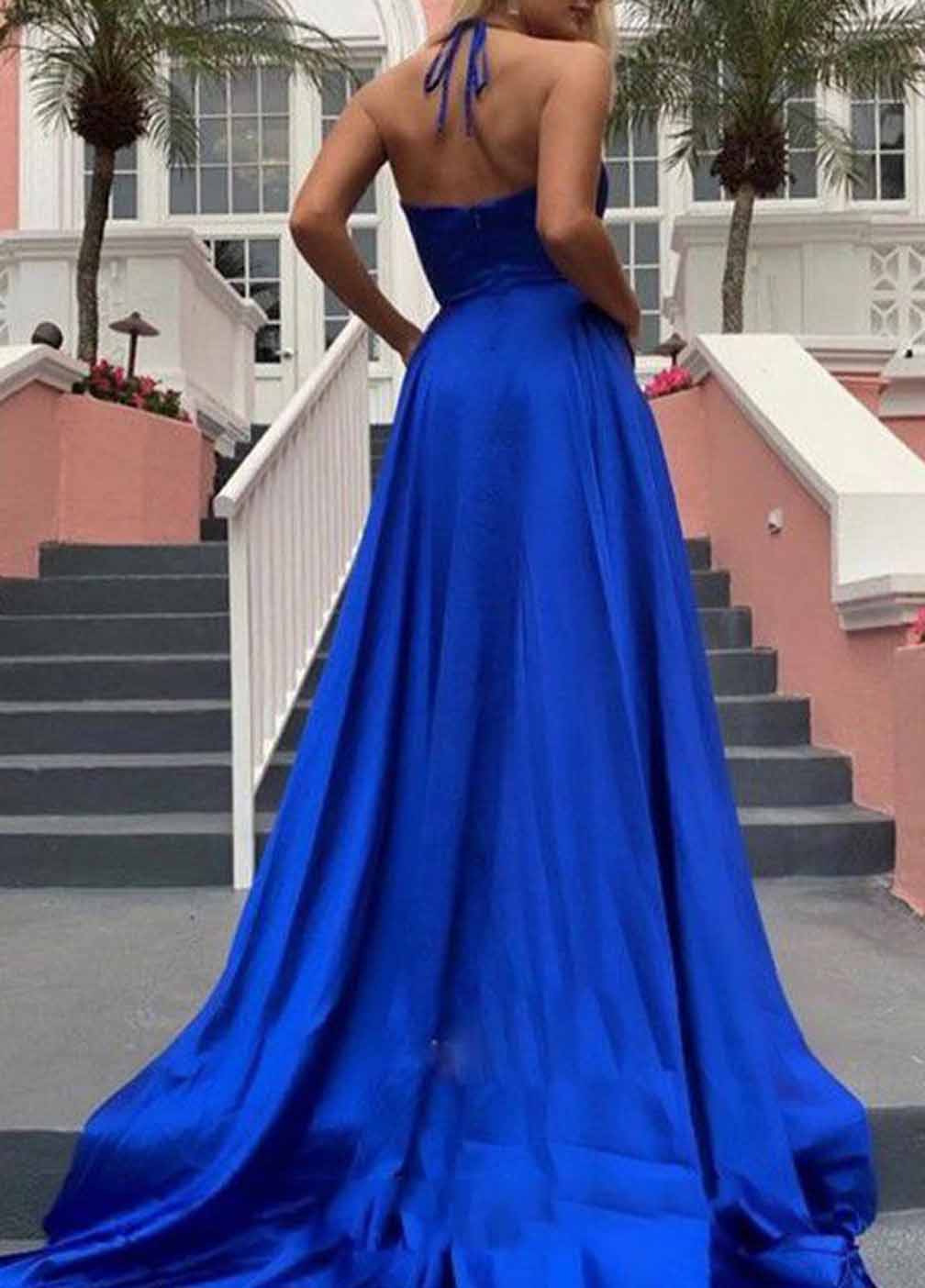 Women A-Line Satin Prom Dresses Long V-Neck Evening Gowns Formal Party Dress YPD575