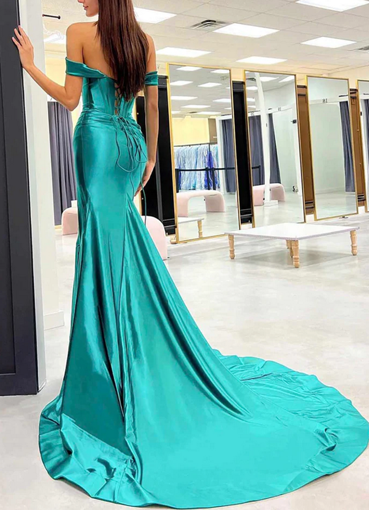 Women Mermaid Satin Prom Dresses Long Off the Shoulder Evening Party Dress YPD004
