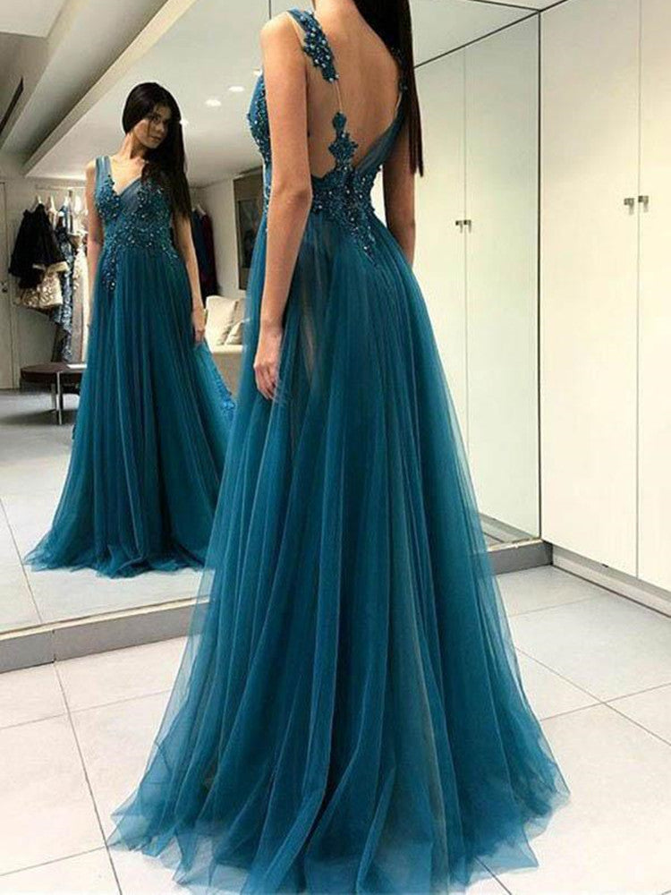 Women V-Neck Tulle Prom Dresses Long Beaded Appliques Evening Gowns Formal Party Dress YPD339