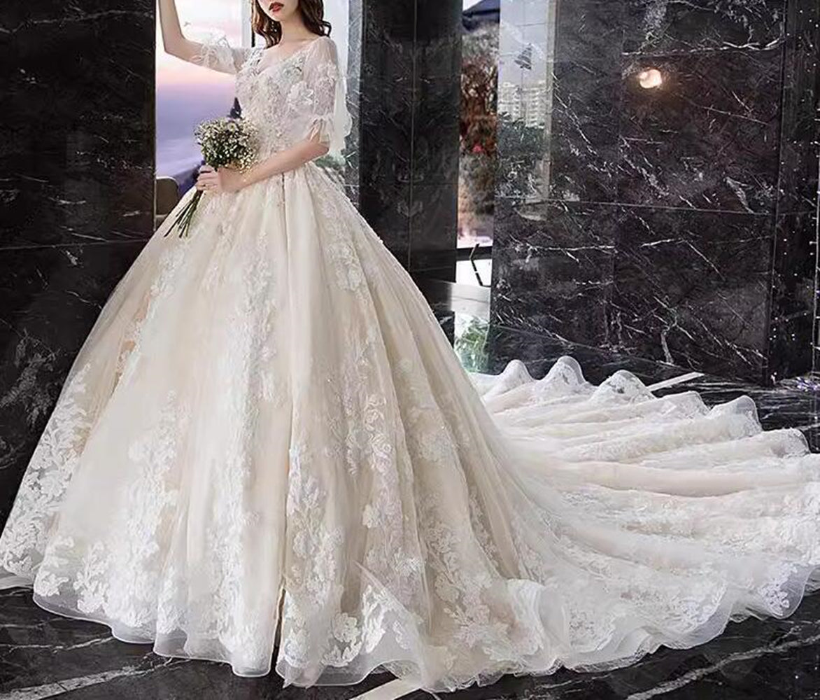 Women Luxury Appliques Wedding Dresses Long V-Neck Bridal Gowns YWD038