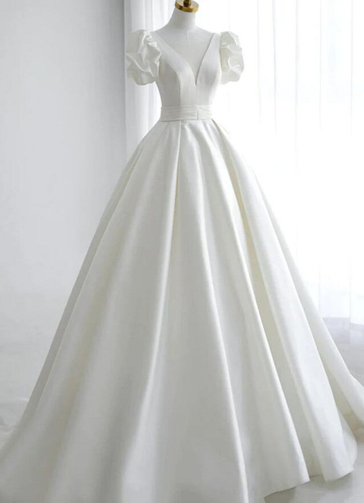 Women V-Neck A-Line Wedding Dresses Long Satin Bridal Gowns YWD073