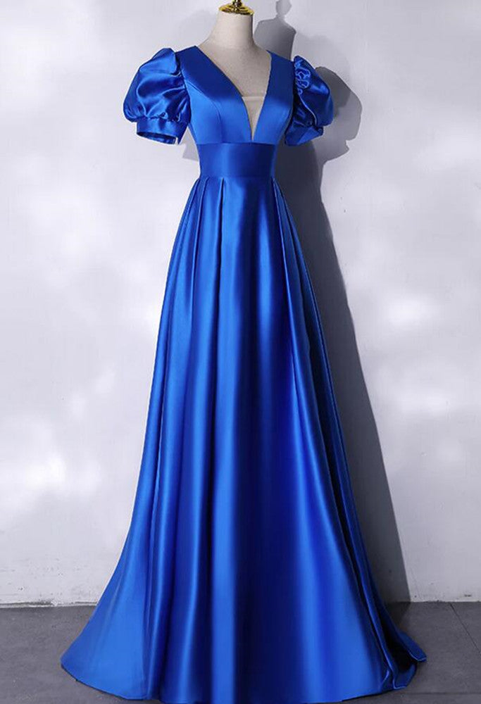 Women Satin Royal Blue Prom Dresses Long V-Neck Evening Gowns Formal Party Dress YPD349