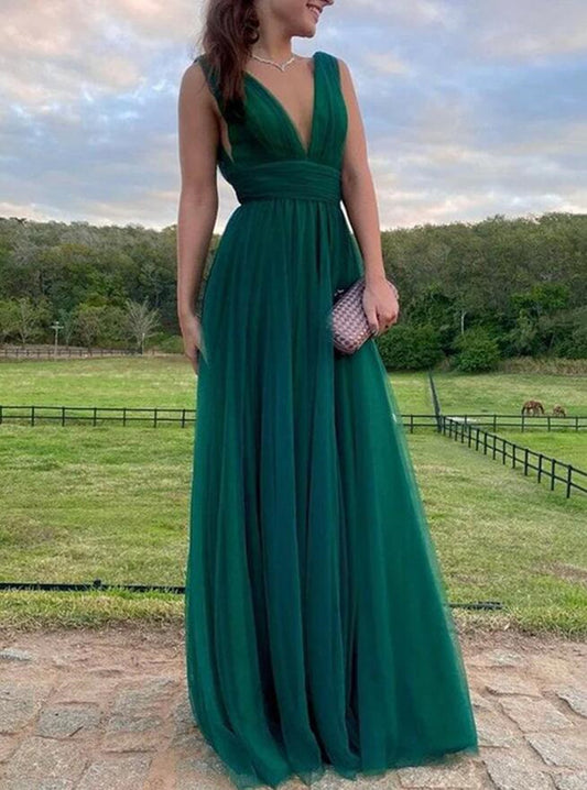 Women Simple Tulle Prom Dresses Long V-Neck Evening Gowns Formal Party Dress YPD410