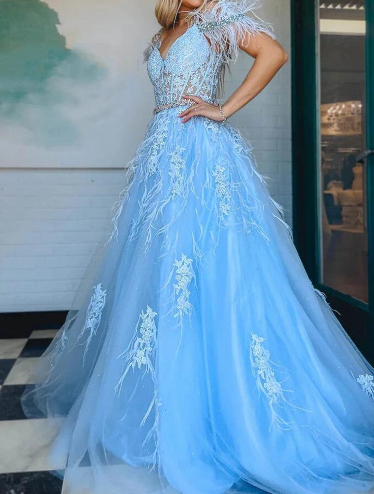 Women Blue Appliques Prom Dresses Long Off Shoulder Evening Gowns Formal Party Dress YPD381