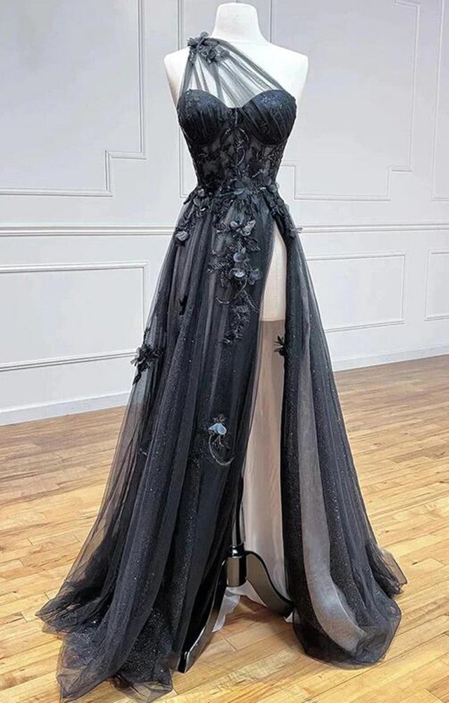Women Side Slit Prom Dresses Long Black Appliques Evening Gowns Formal Party Dress YPD330
