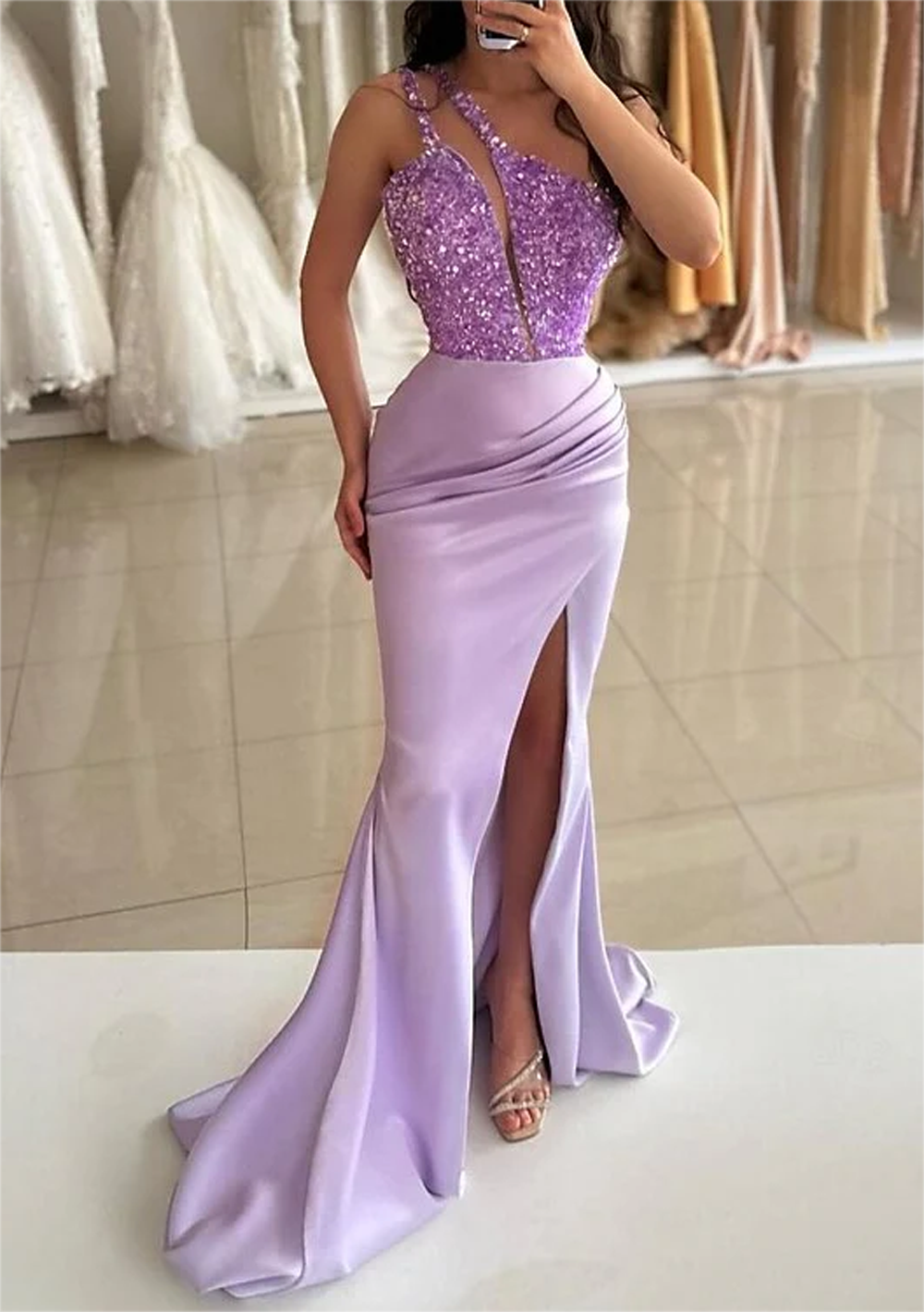 Women Sequined One Shoulder Prom Dresses Long Side Slit Evening Gowns Mermaid Formal Party Dress YPD714
