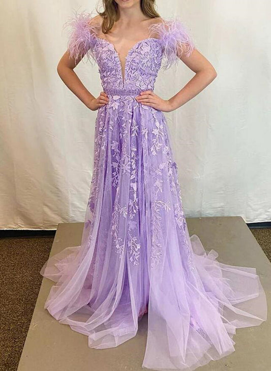Women Tulle Appliques Prom Dresses Long Off SHoulder Evening Gowns Formal Party Dress YPD396