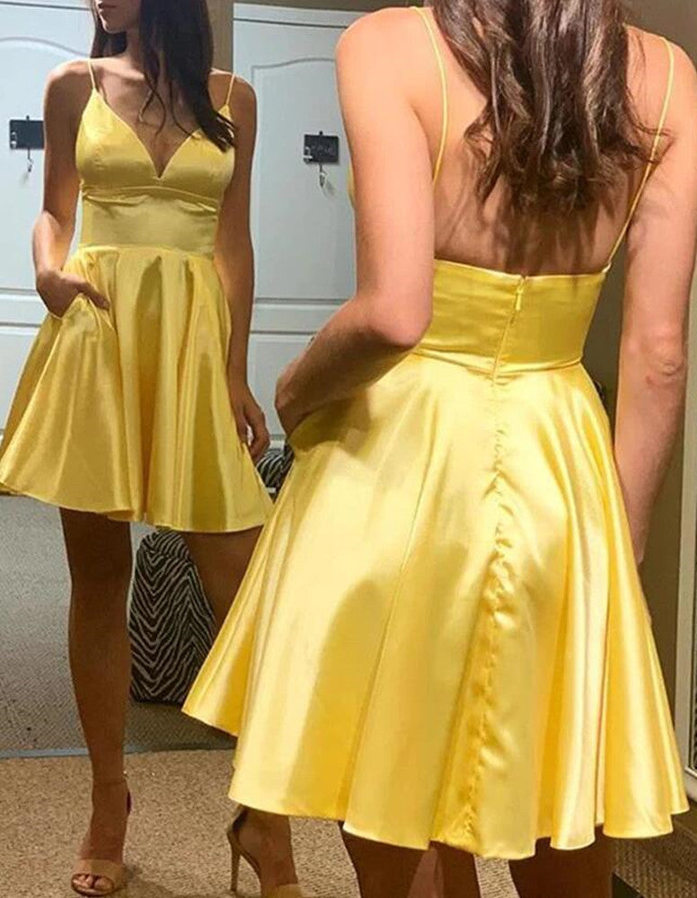 Women Satin Prom Dresses Short Cocktail Gowns Girls V-Neck Homecoming Dresses Short Graduation Dress YHD276