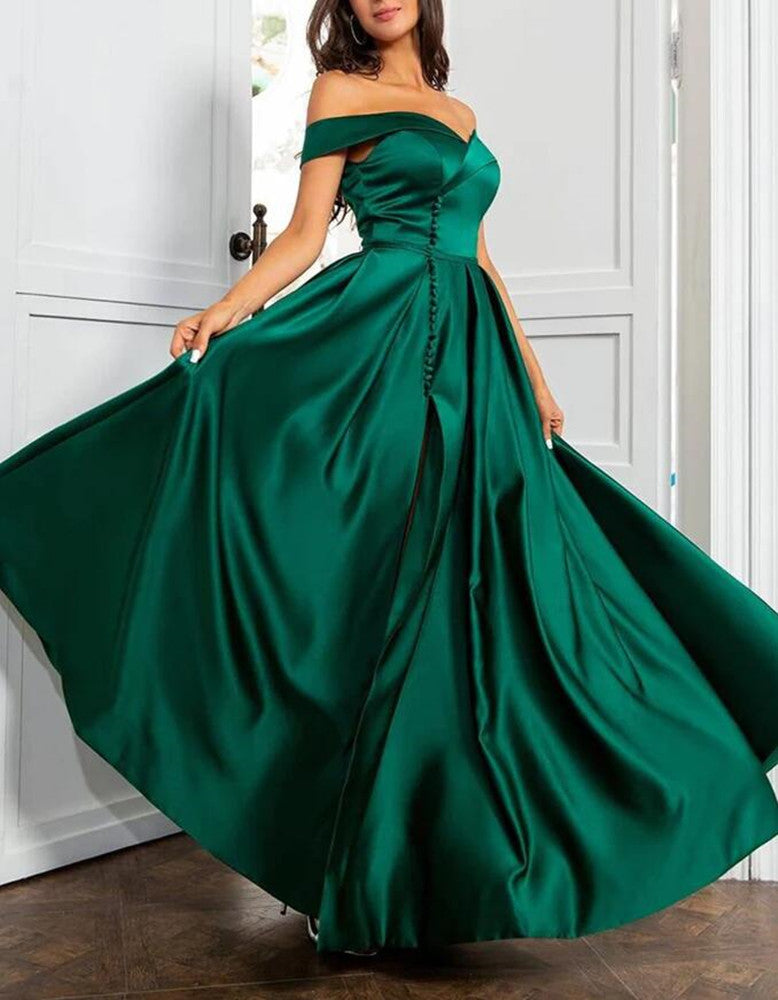 Women Off Shoulder Satin Prom Dresses Long Green A-Line Evening Gowns Formal Party Dress YPD406