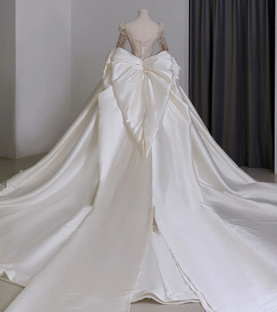 Women Long Sleeves Satin Wedding Dresses Long Train Sparkly Sequins Bridal Gowns YWD002