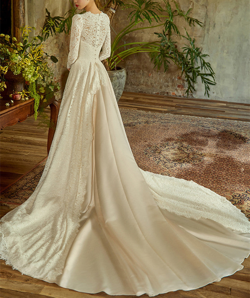 Women Satin Lace Wedding Dresses Long O-Neck Bridal Gowns YWD063