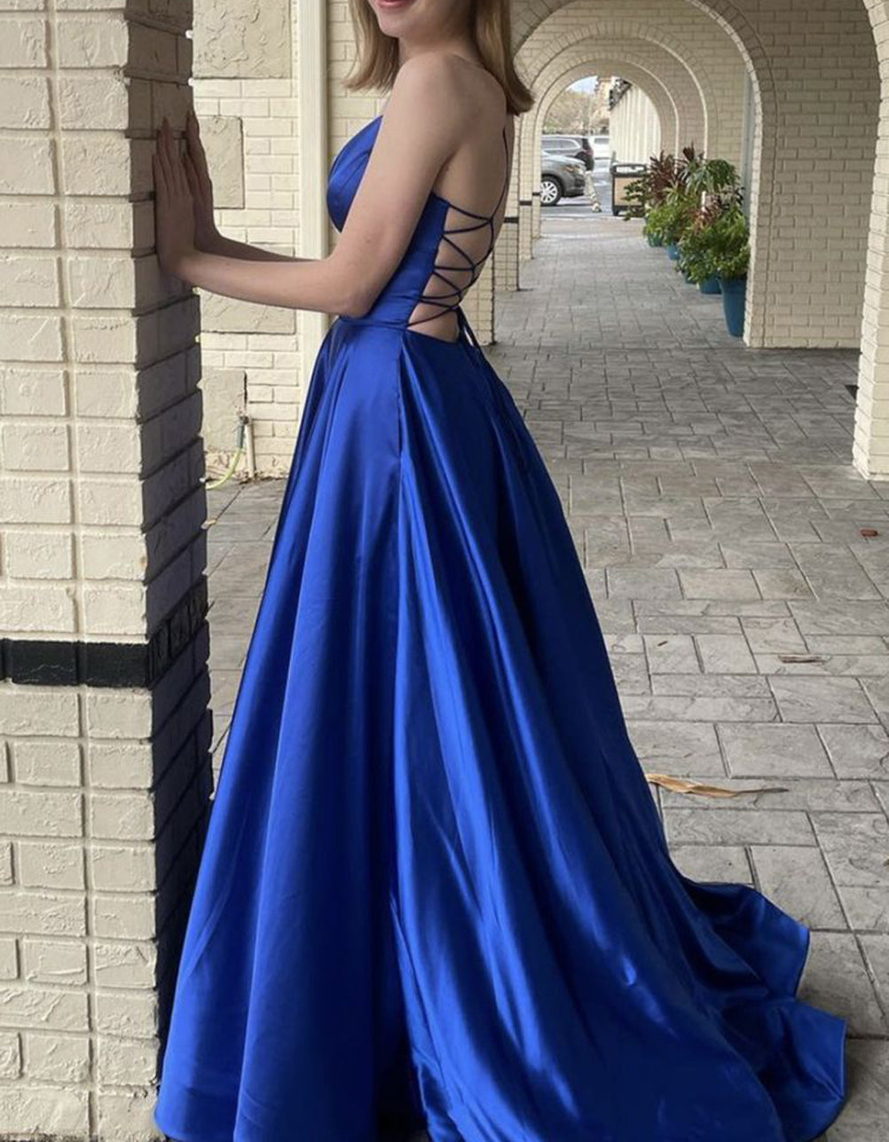 Women Satin Prom Dresses Long V-Neck Evening Gowns Sleeveless Formal Party Dress YPD907