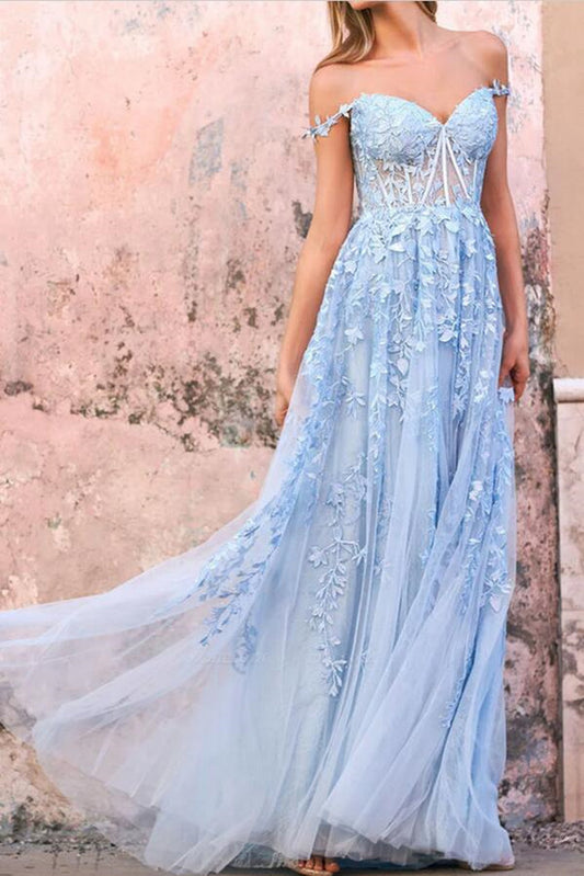 Women Light Blue Prom Dresses Long Appliques Evening Gowns Formal Party Dress YPD405