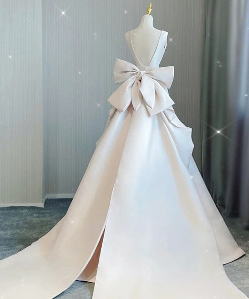 Women V-Neck Satin Wedding Dresses Long A-Line Bridal Gowns YWD057
