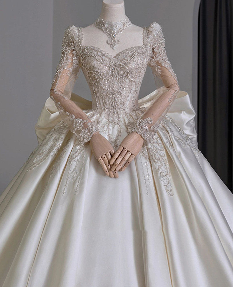 Women Long Sleeves Satin Wedding Dresses Long Train Sparkly Sequins Bridal Gowns YWD002