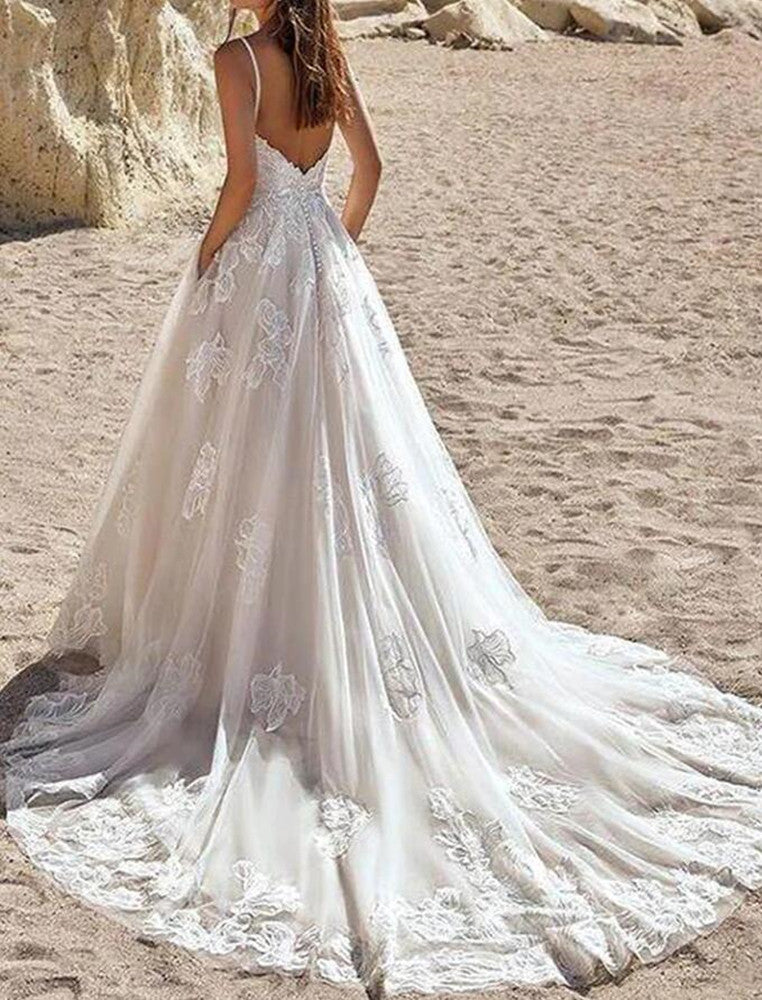 Women Lace Appliques Wedding Dresses Long V-Neck Bridal Gowns YWD083