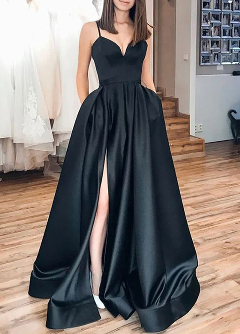 Women V-Neck Satin Formal Prom Dresses Long Sleeveless Slit Evening Party Gowns YPD984