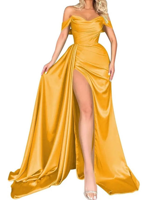 Women Satin Prom Dresses Long Side Slit Evening Party Dress YPD244