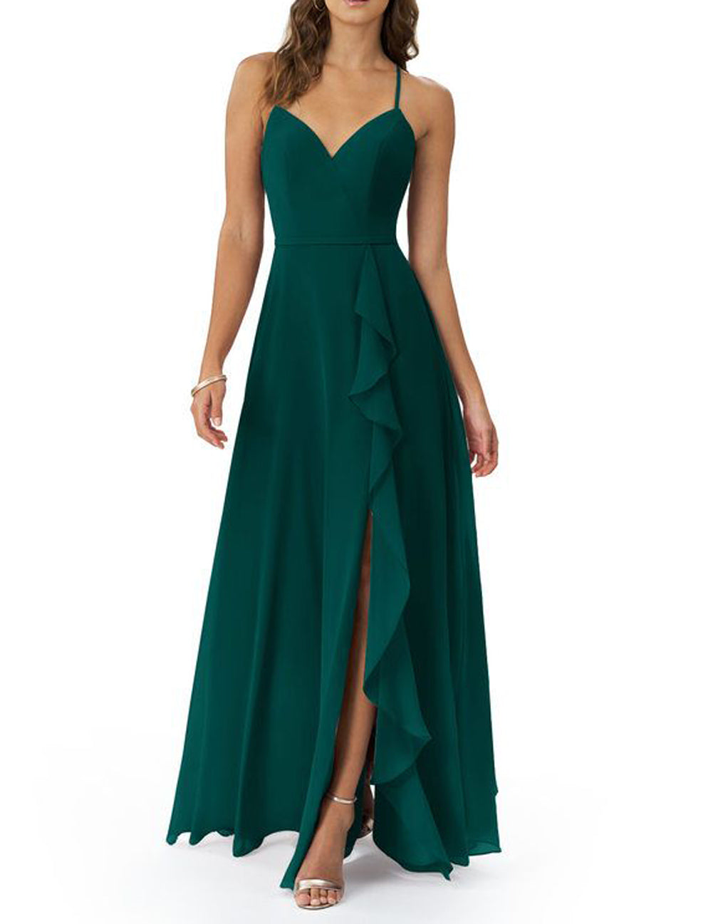 Women Slit Chiffon Bridesmaid Dresses Long V-Neck Wedding Party Gowns YBD058