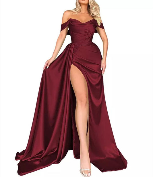 Women Satin Prom Dresses Long Side Slit Evening Party Dress YPD246