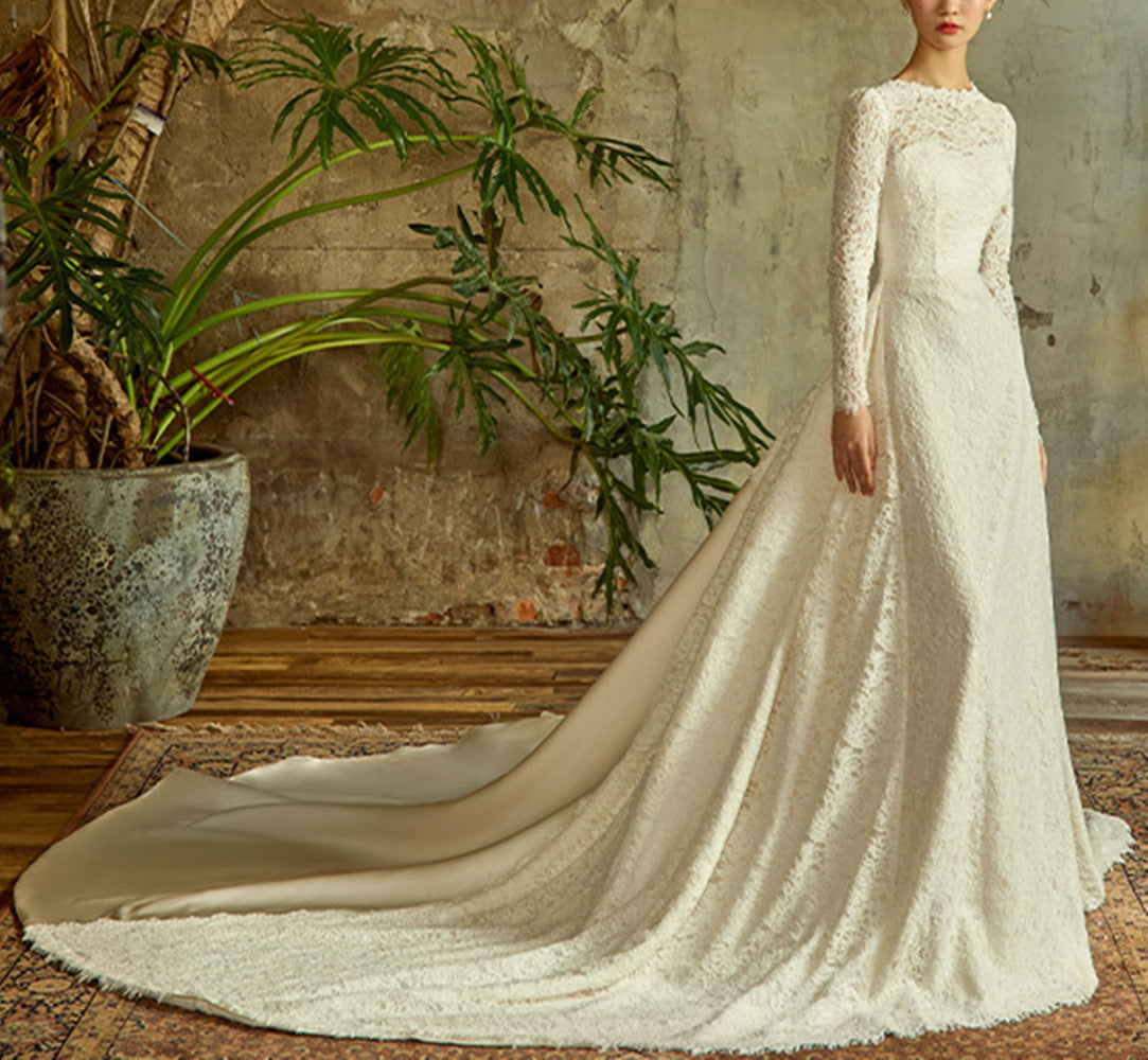 Women Satin Lace Wedding Dresses Long O-Neck Bridal Gowns YWD063