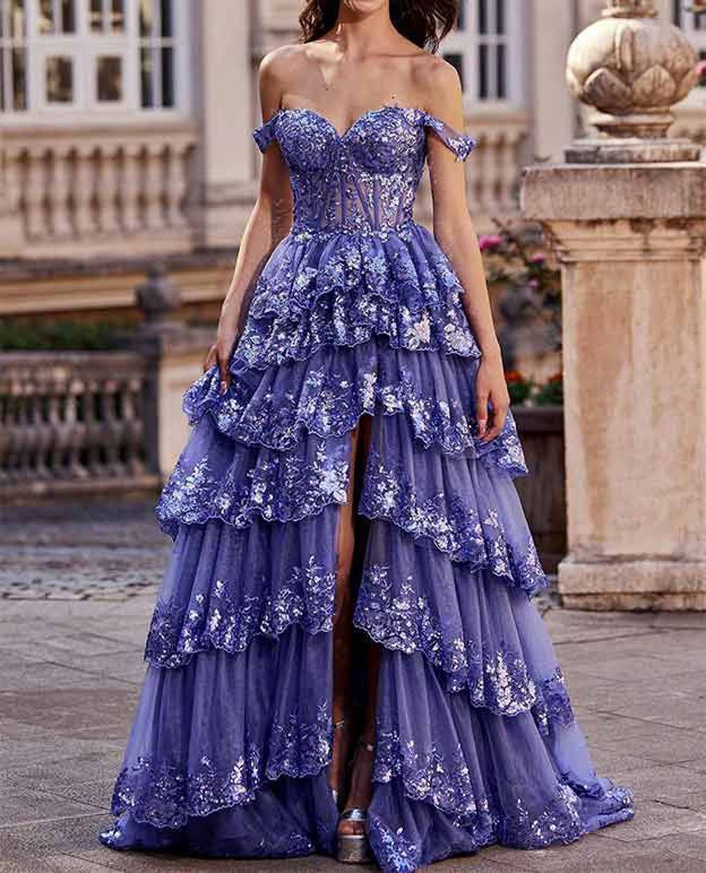 Women Sweetheart Lace Prom Dresses Long Appliques Evening Gowns Side Slit Formal Party Dress YPD882